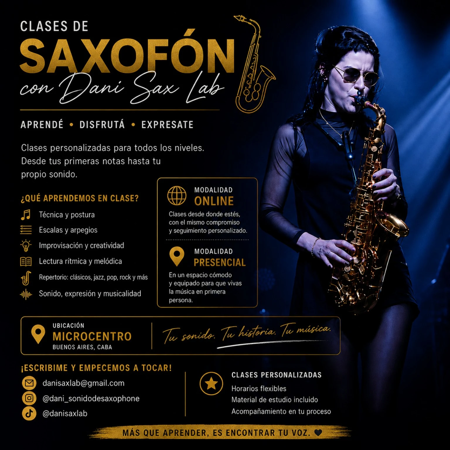 Información sobre clases de saxofón con Dani Sax Lab