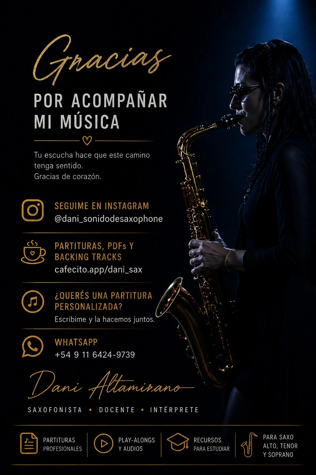 Dani tocando saxofón de perfil